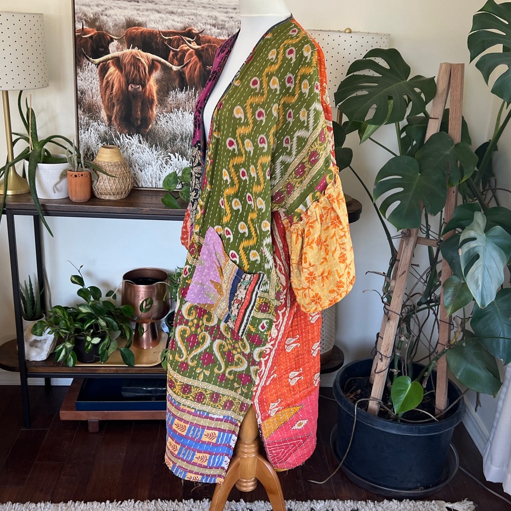 Kantha India Sari Colorful Bell Sleeve Kimono Robe OS NWOT - Picture 15 of 16